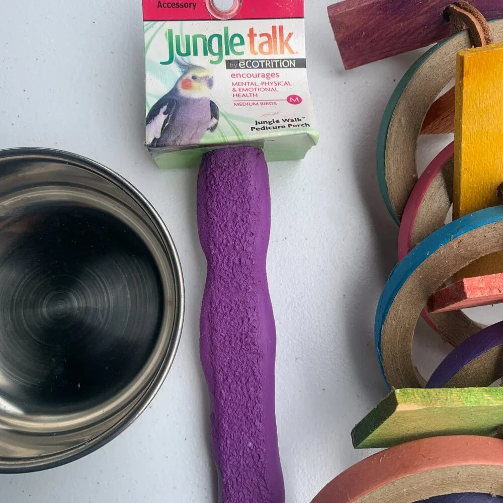 BIRD SUPPLIES - 3pc lot PARROT MACCAW, hanging cage toys, blocks, perch, bowl
